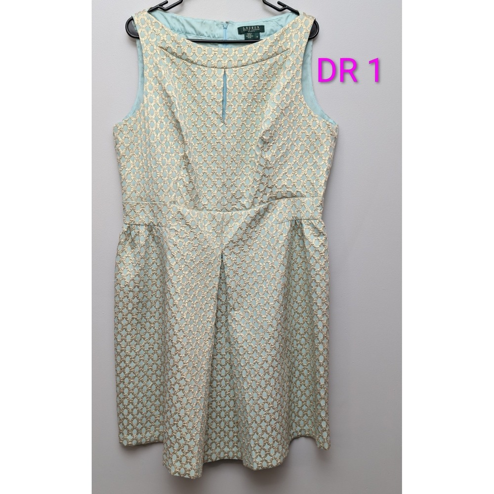DR1 Lauren Ralph Lauren Gold Metallic Aqua Pleated Cocktail Dress Sz 18